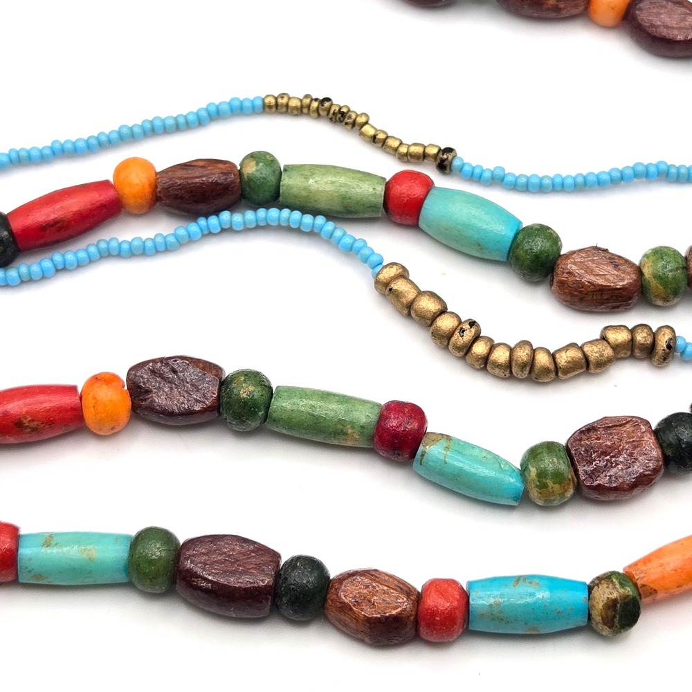 Multi-strand Handmade Wood and Recycled Glass Bead Necklace Seed Beads Boho - Picture 3 of 8